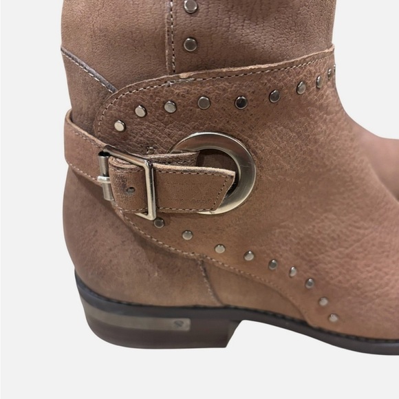 NWOB Brown Studded Riding Boots Buckle Detail Distressed Knee High Moto Boho 7 - Picture 2 of 8